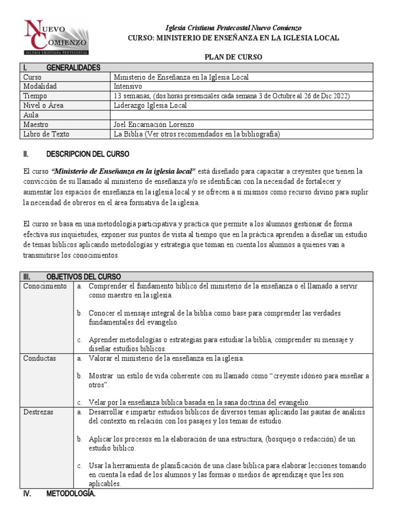 IGLESIA NUEVO COMIENZO Plan Del Curso para Maestros de Clases Biblica ...
