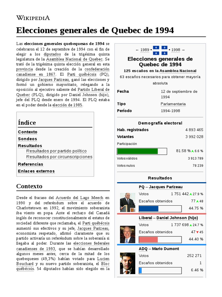 Elecciones Generales de Quebec de 1994 PDF Canadá francés Democracia