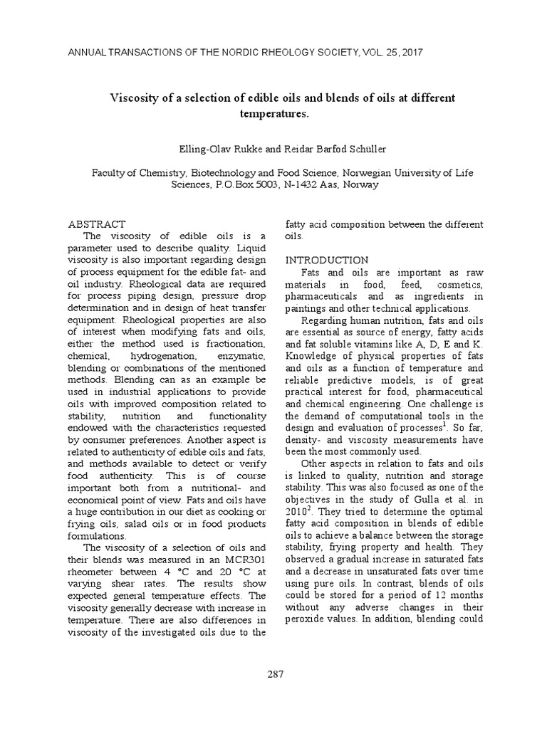 Viscosity of Edible Oils and Blends PDF Vegetable Oil Cooking Oil