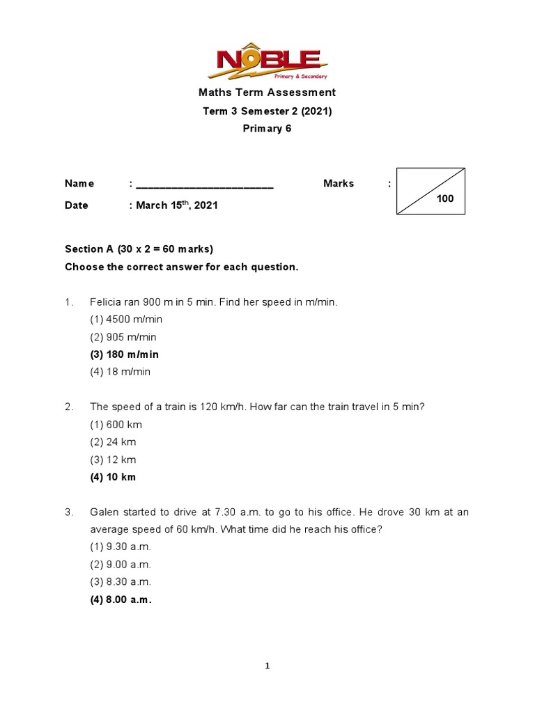 Primary 6 Maths Assessment Term 3 | PDF | Teaching Methods & Materials ...