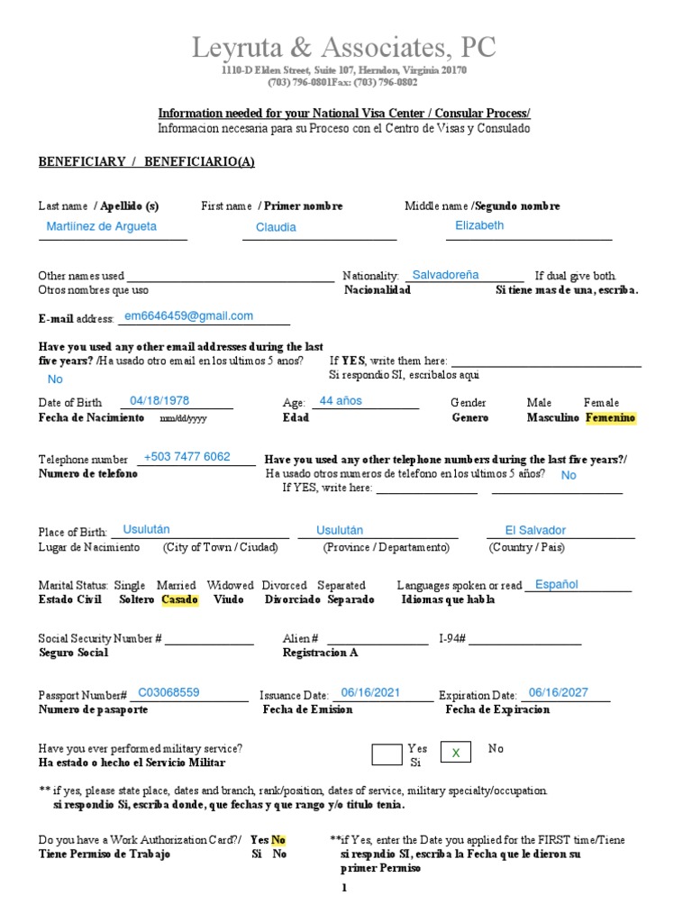 List of information and documents for nvc english spanish pdf