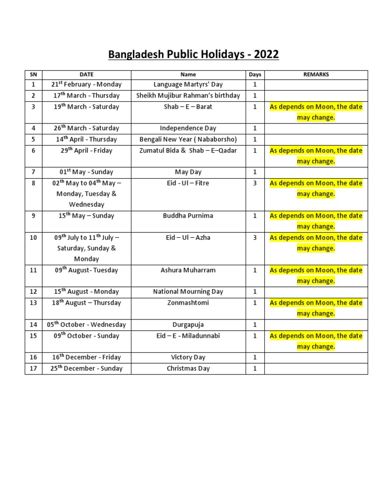 Bangladesh Public Holidays 2022 PDF