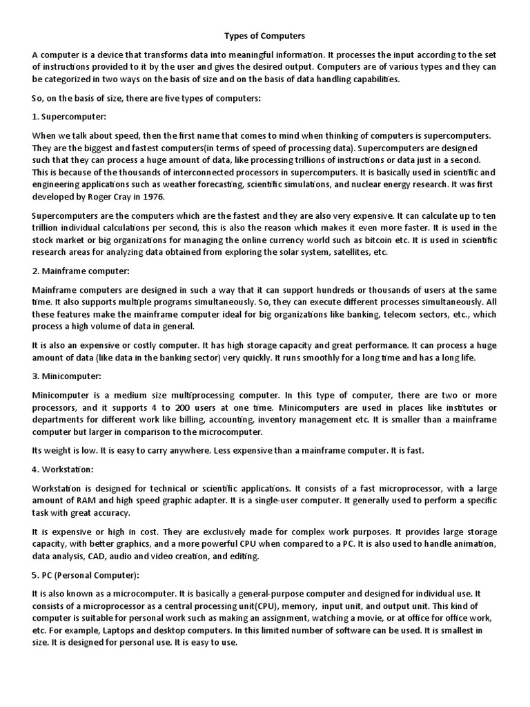 Types of Computers | PDF | Personal Computers | Input/Output