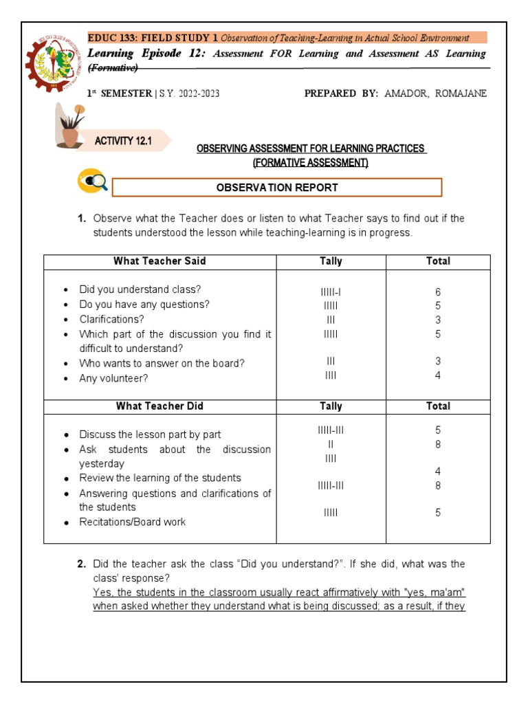 EDUC 133 Field Study 1 Observation of Formative Assessment in the ...
