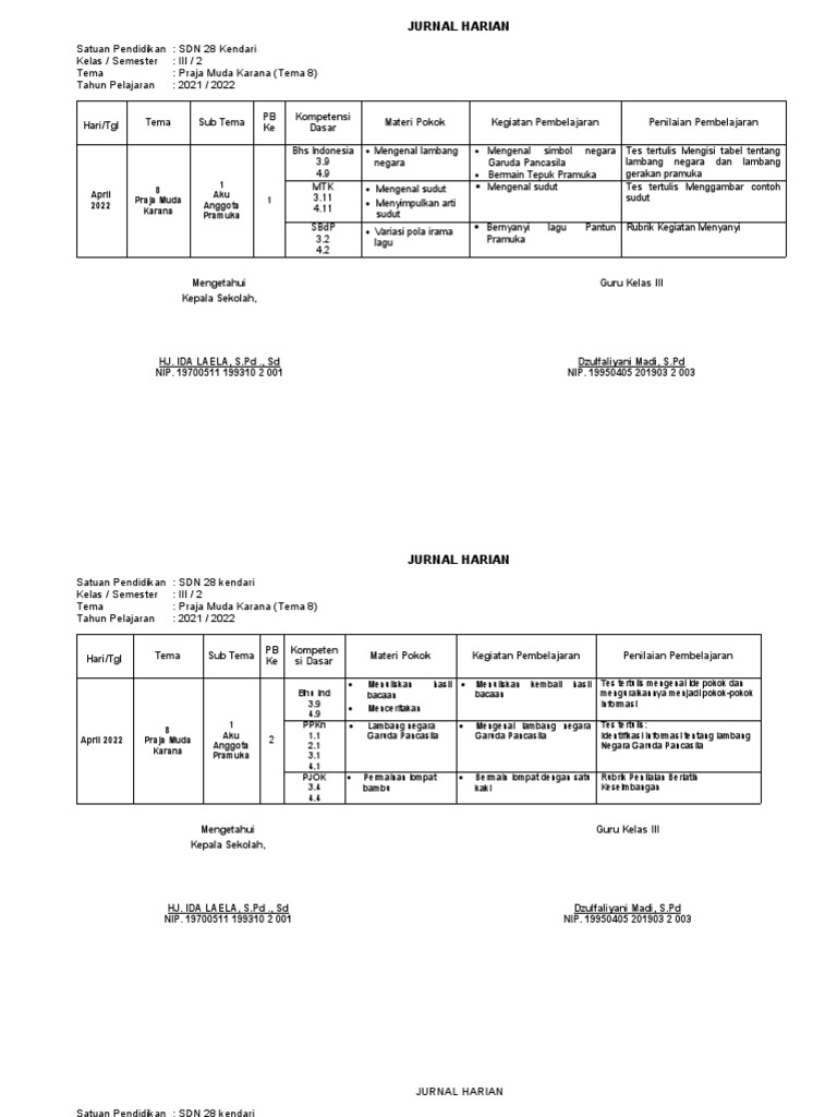 Jurnal Harian Kelas 3 SD Kurikulum Merdeka | PDF