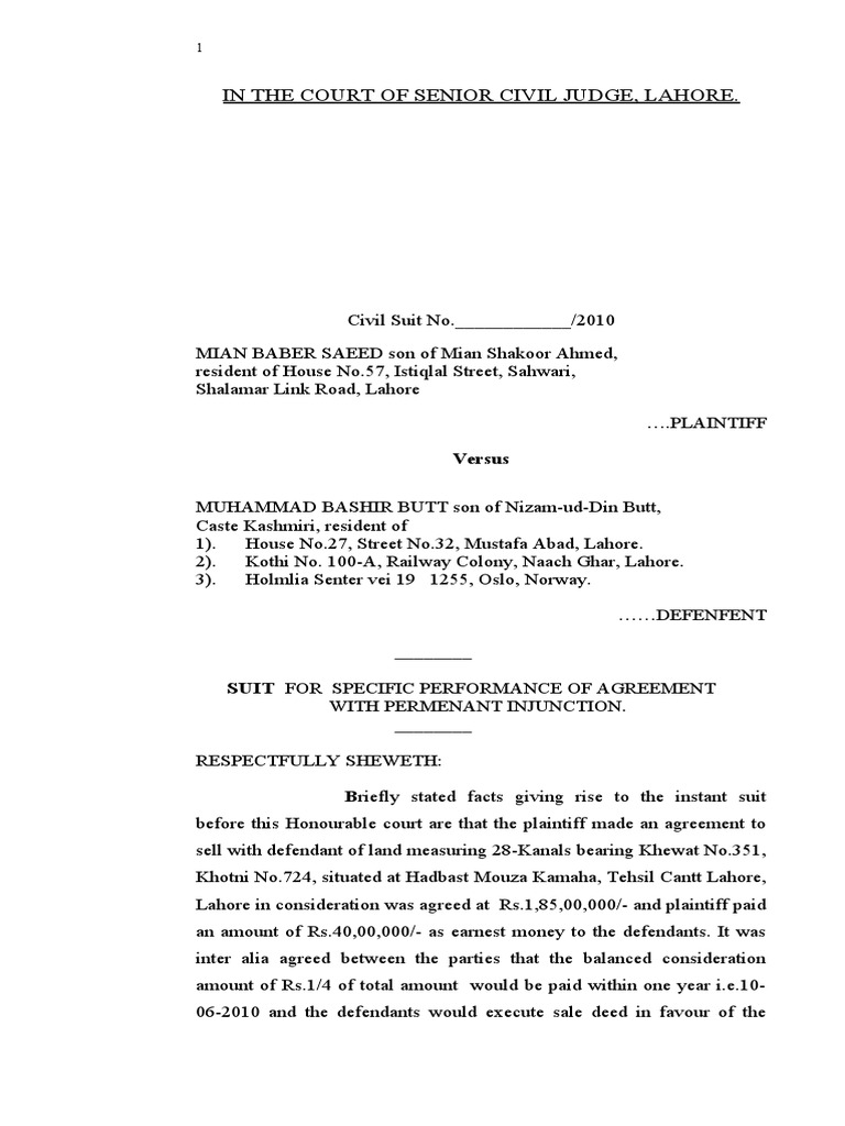 Suit 4 Specific Performance With Permanent Injunction123-1 | PDF ...