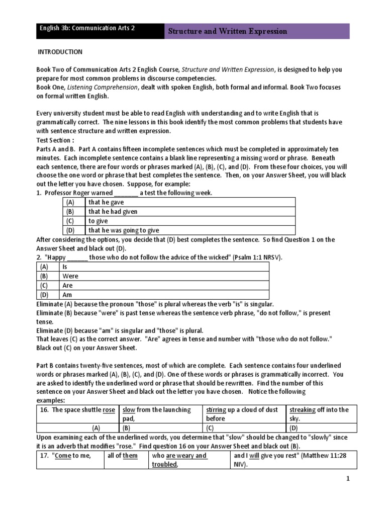 Structure and written expression no quiz pdf