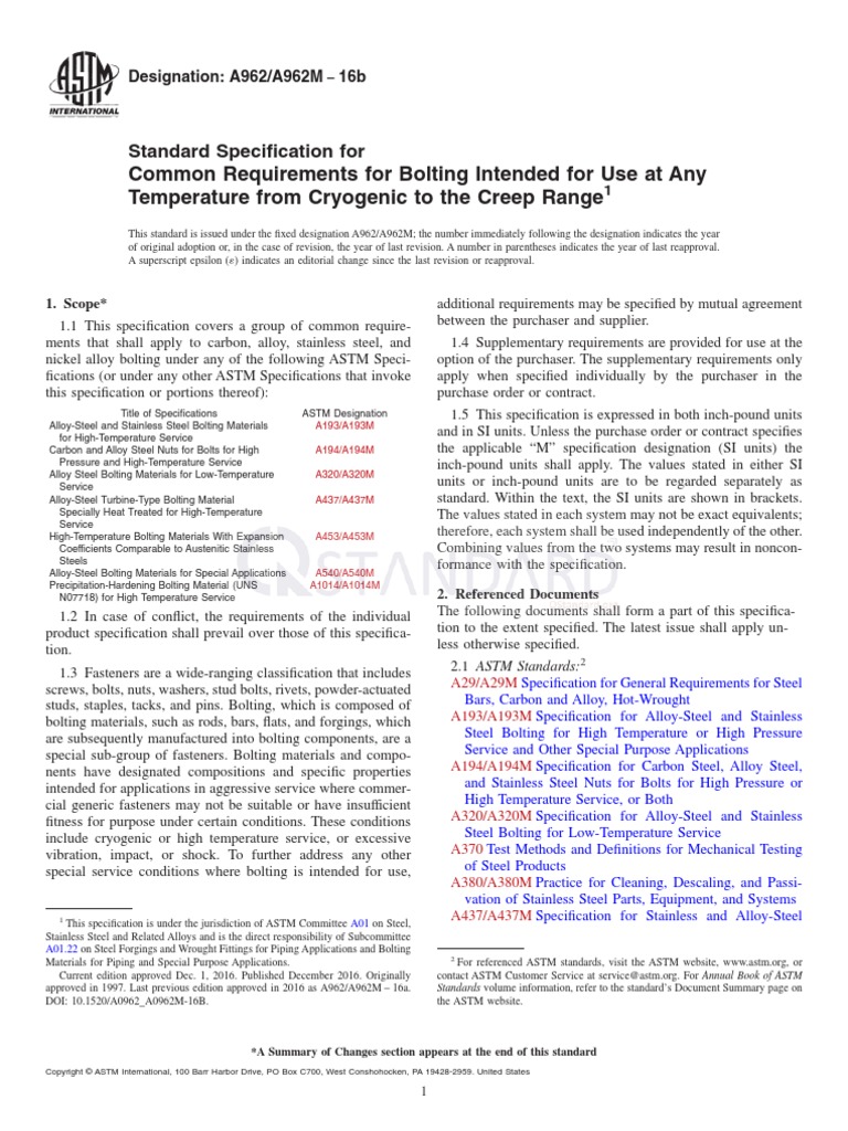 A 962 - A 962M - 16b Material Requirement of Bolting For Cryogenic ...