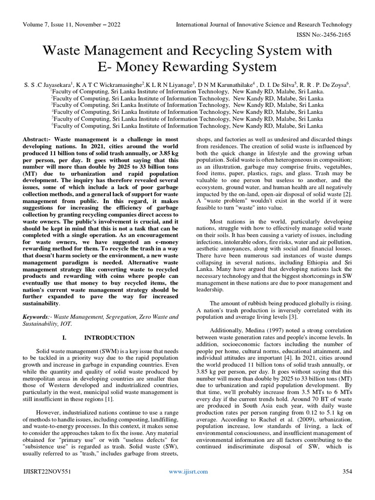 Waste management and recycling system with e money rewarding system