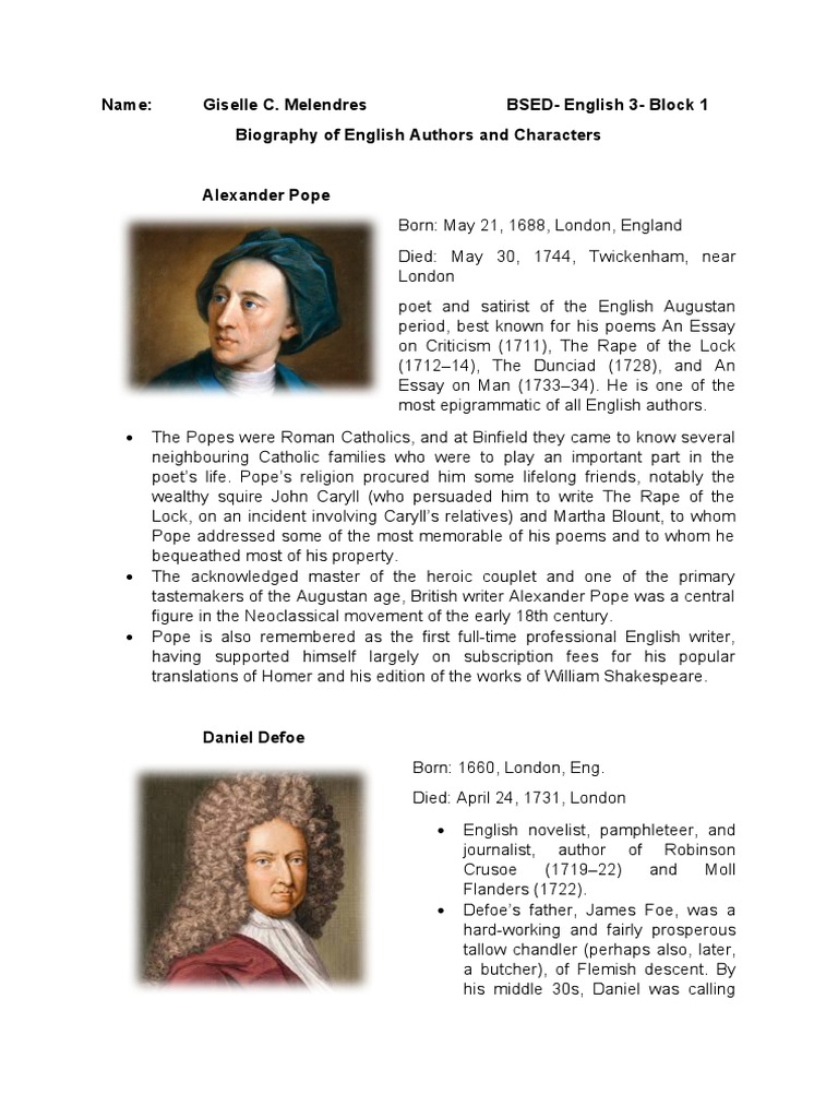 English Authors: Biographies Overview | PDF | Daniel Defoe | Jonathan Swift