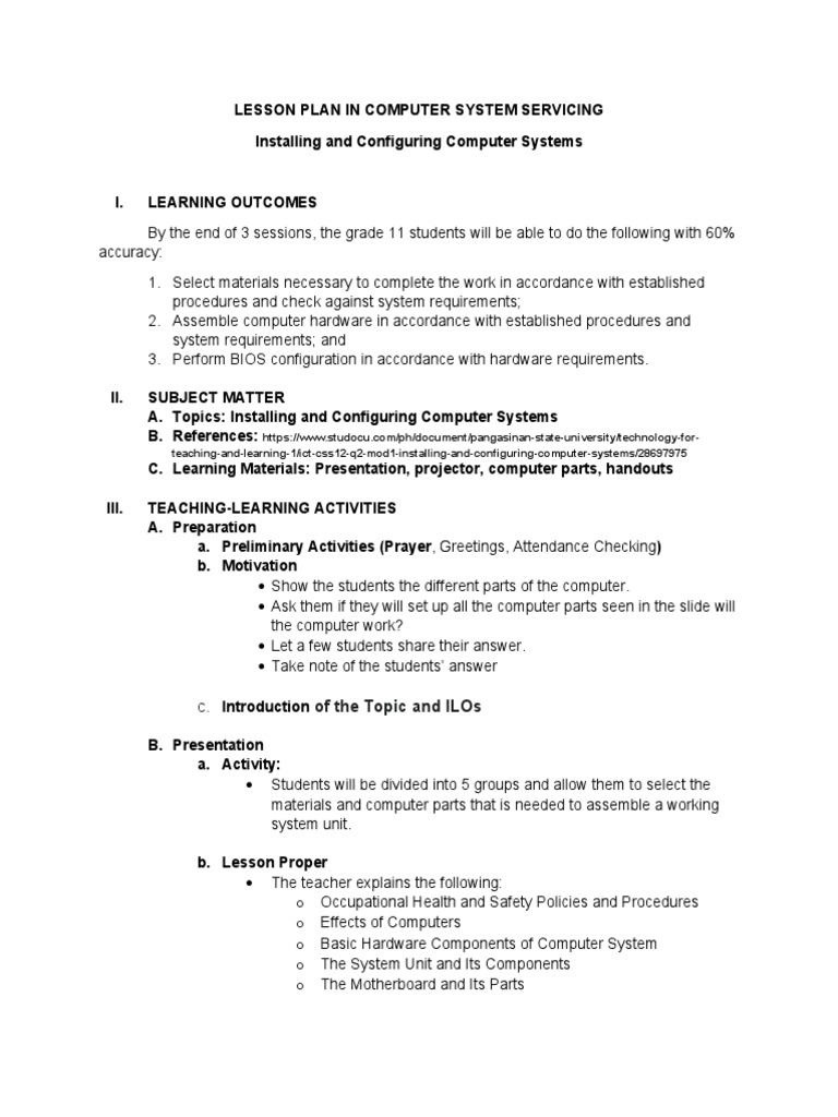 Computer Systems Installation Lesson Plan | PDF | Lesson Plan | Bios
