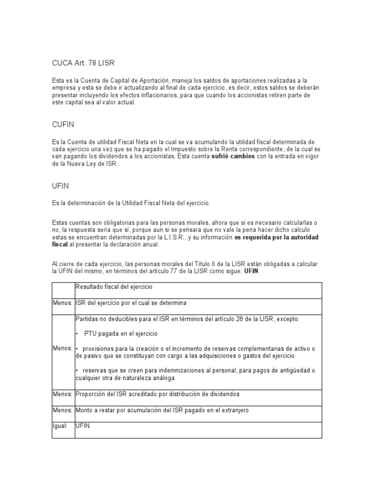 Cálculo de CUCA y CUFIN según LISR | PDF | Dividendo | Impuesto sobre ...