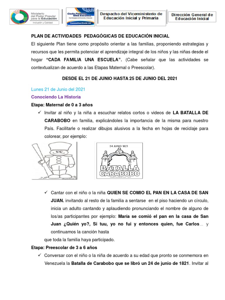 PLAN DE ACTIVIDADES PEDAGÓGICAS Del 21 Al 25 Junio de 2021 | PDF ...