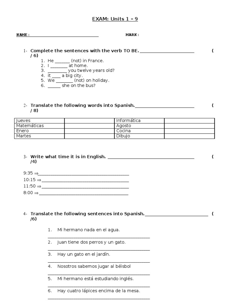 Examen Ingles 1º ESO