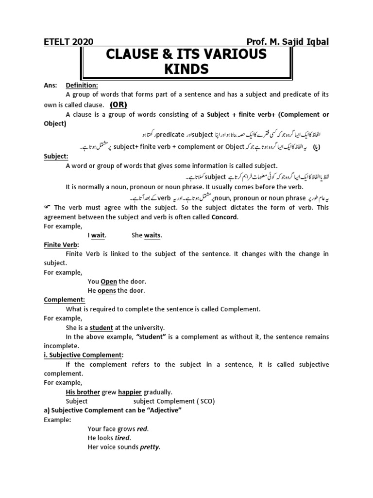 A Comprehensive Breakdown of Clauses and Their Types PDF Subject