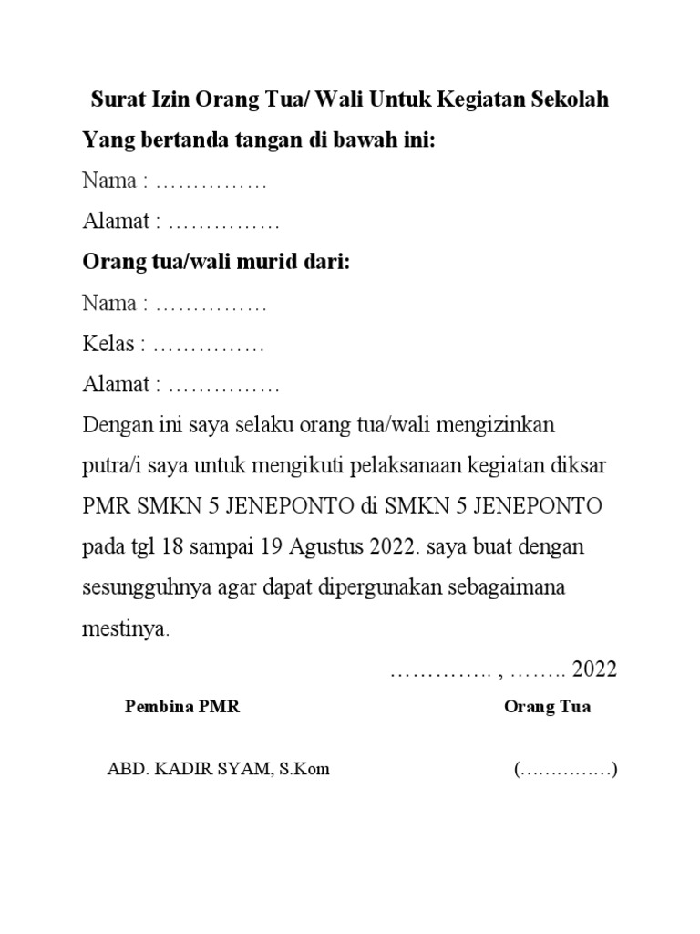 Surat Izin Orang Tua | PDF