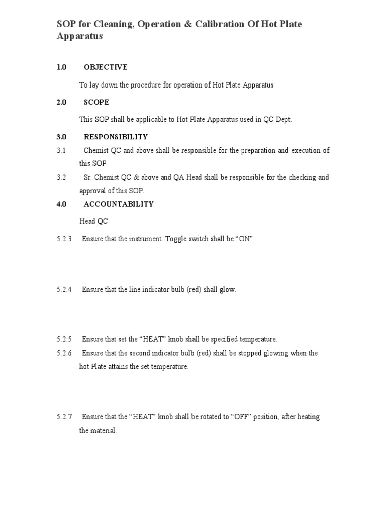 SOP for Cleaning, Operation & Calibration Of Hot Plate Apparatus | PDF