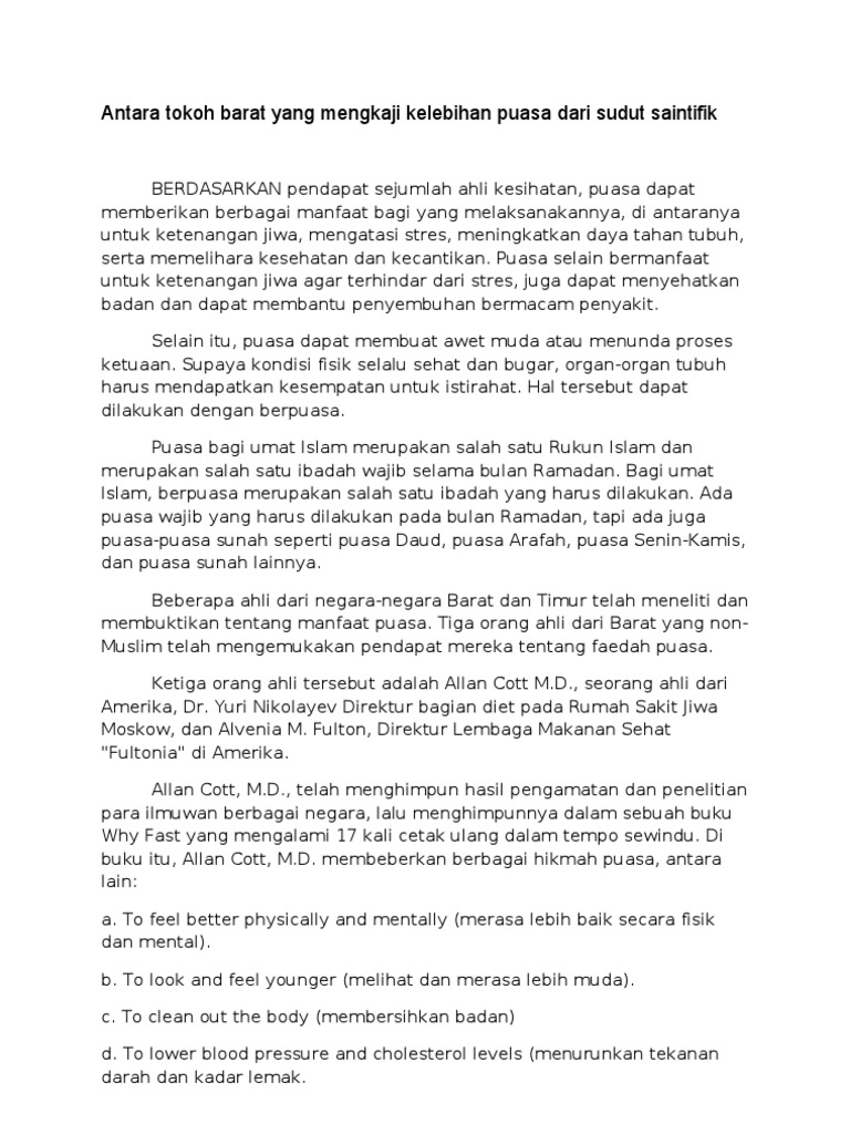 Antara Tokoh Barat Yang Mengkaji Kelebihan Puasa Dari Sudut Saintifik