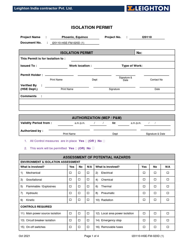 I20110 HSE PR FM 020D (1) Isolation Permit PDF