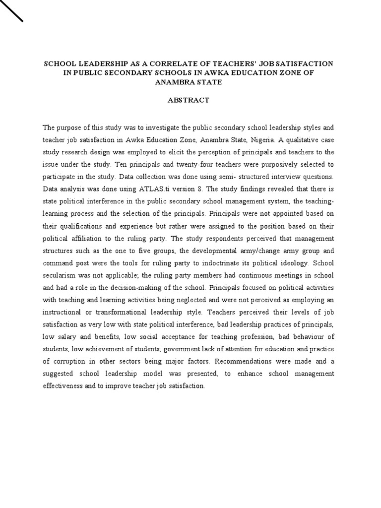 School Leadership As A Correlate of Teachers' Job Satisfaction in