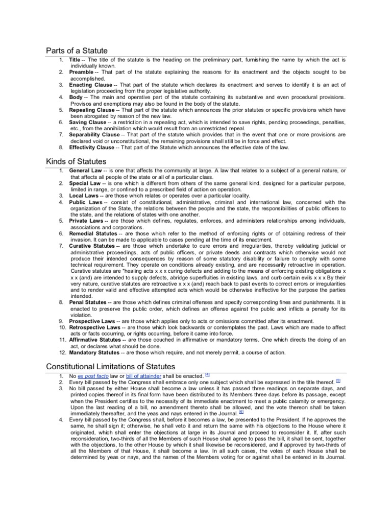 Parts of A Statute PDF Separation Of Powers Government Institutions