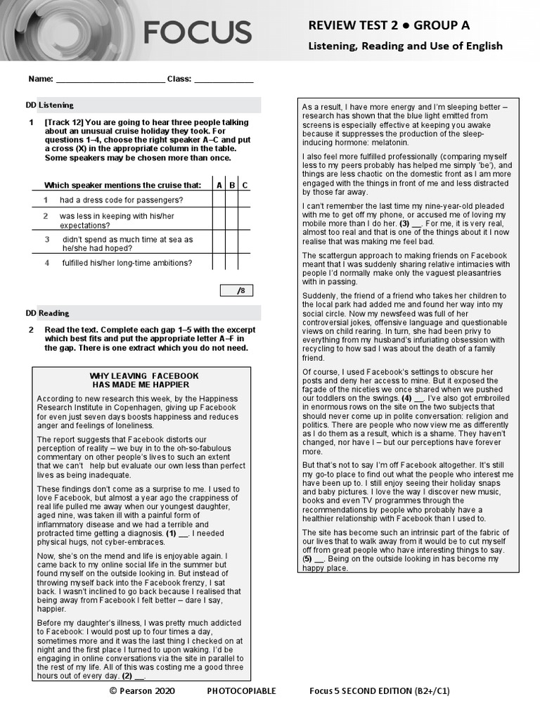 Focus5 2E Review Test 2 Units1 6 Listening Reading UoE GroupA | PDF