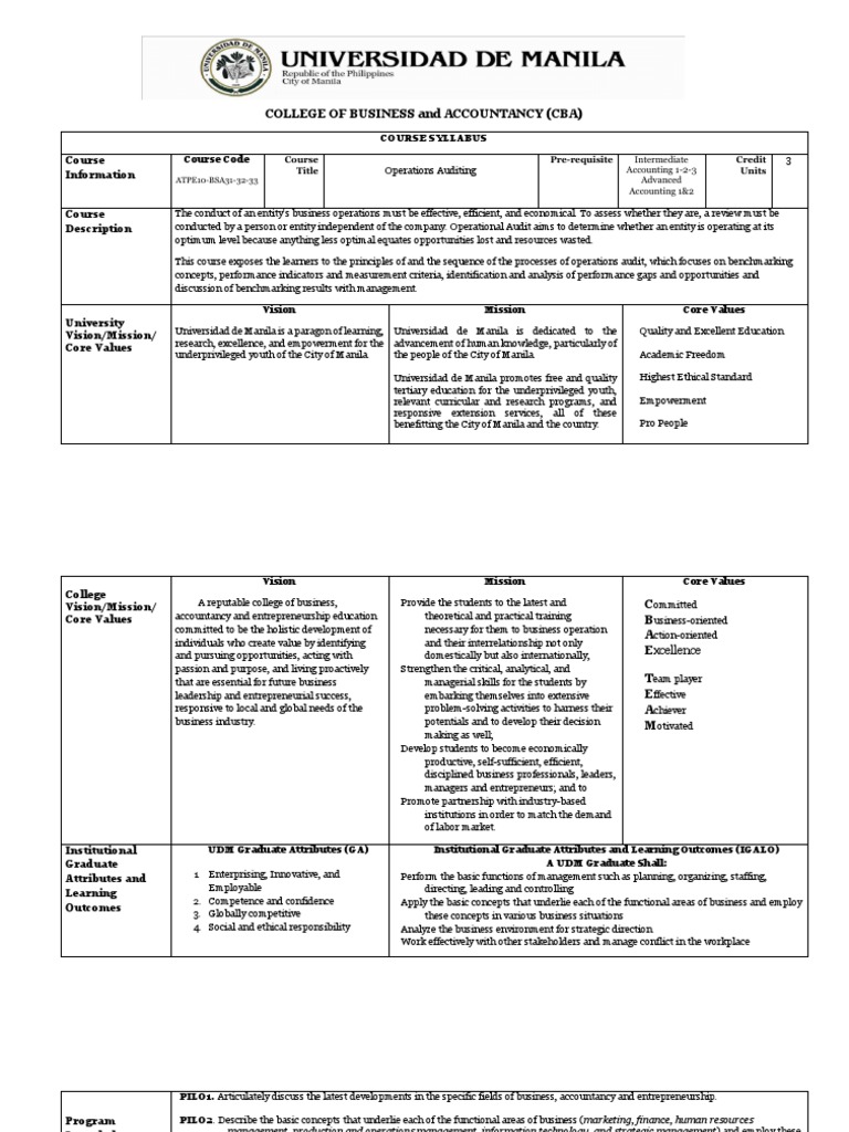 Operations Auditing Course Syllabus | PDF | Internal Control ...