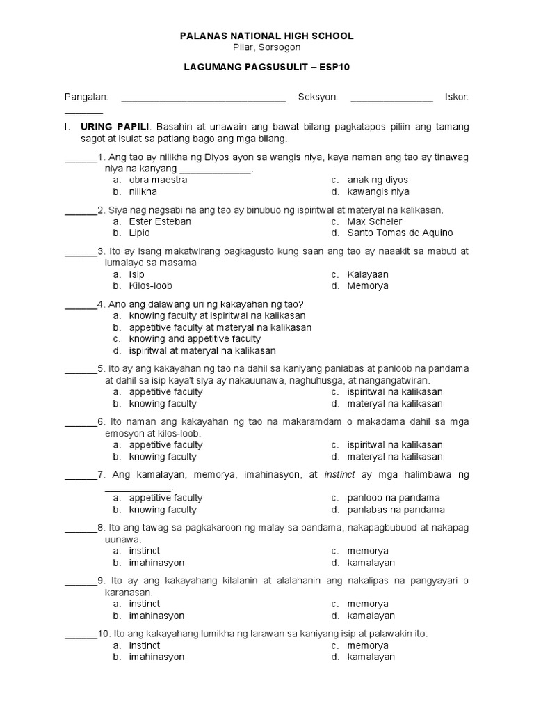Summative Test ESP 10 | PDF