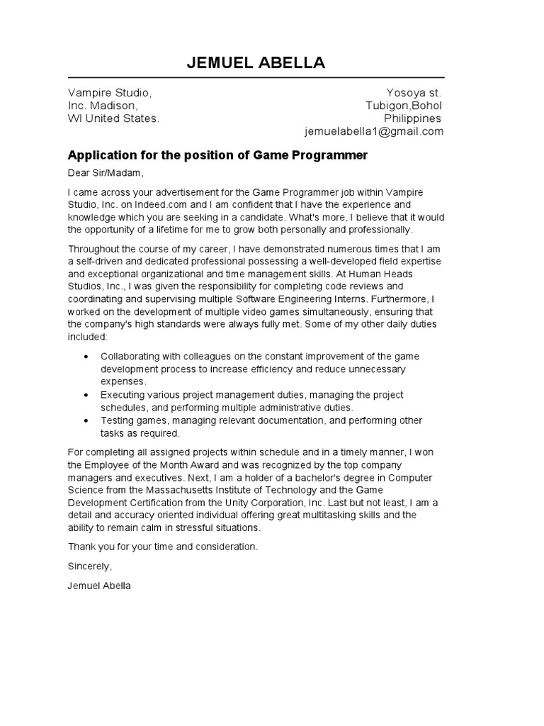graduate games programmer cover letter