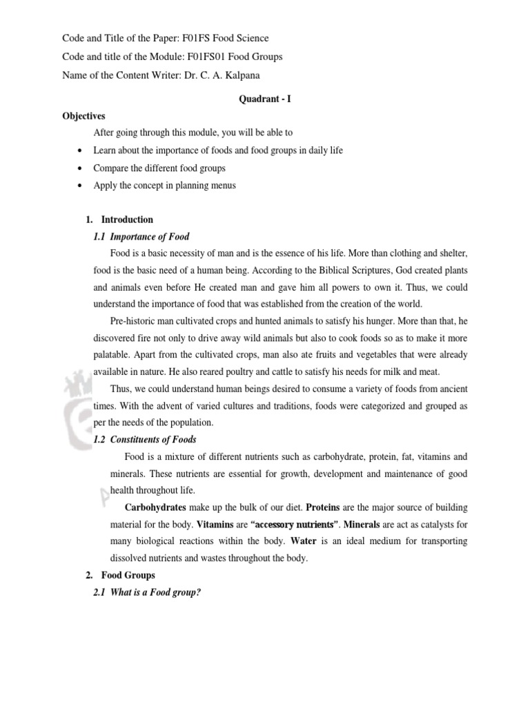 Classification and Comparison of Major Food Groups According to the