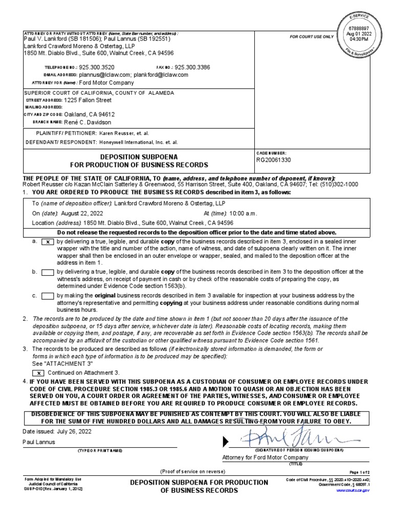 Deposition Subpoena for Business Records | PDF | Deposition (Law ...