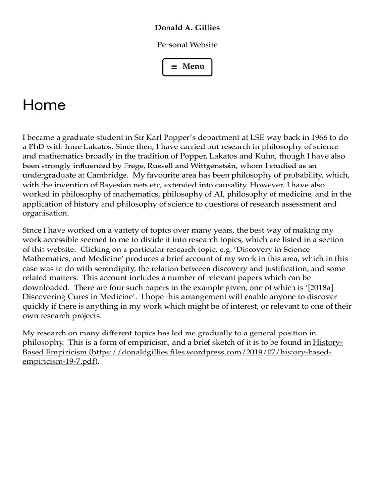 Donald A. Gillies Personal site PDF Science Philosophy Of