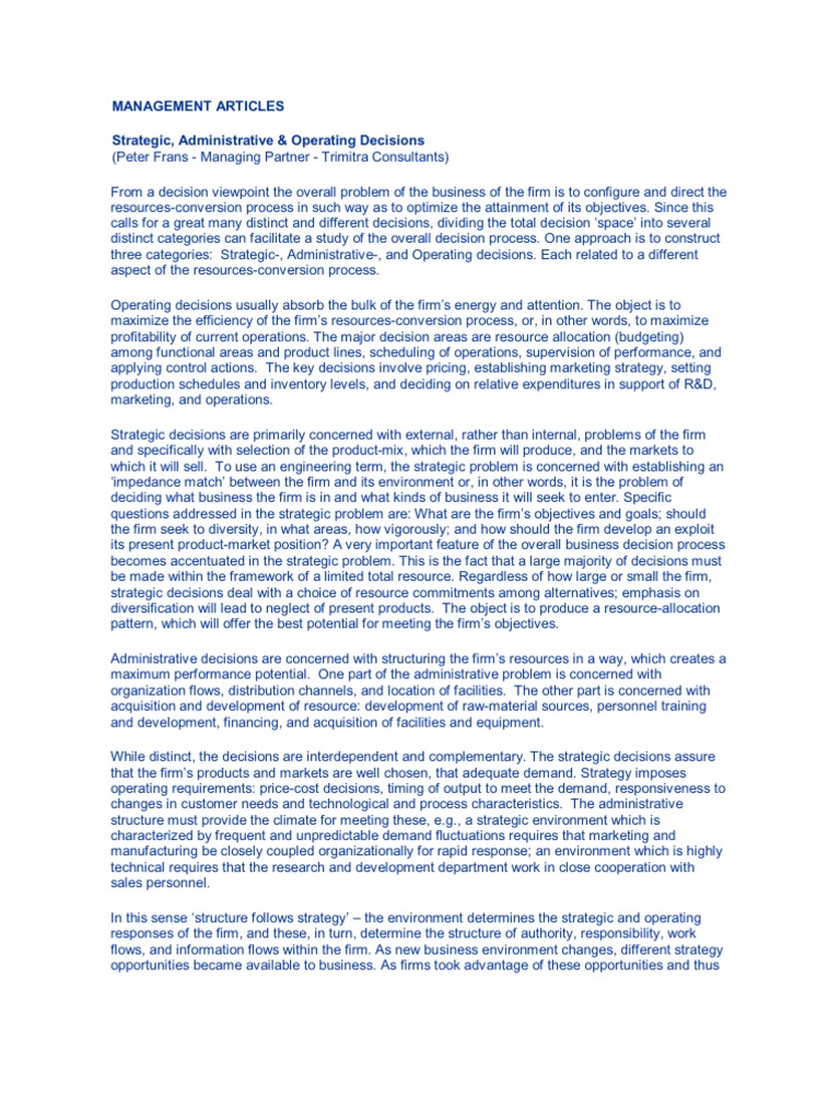Management Articles Strategic, Administrative & Operating Decisions ...