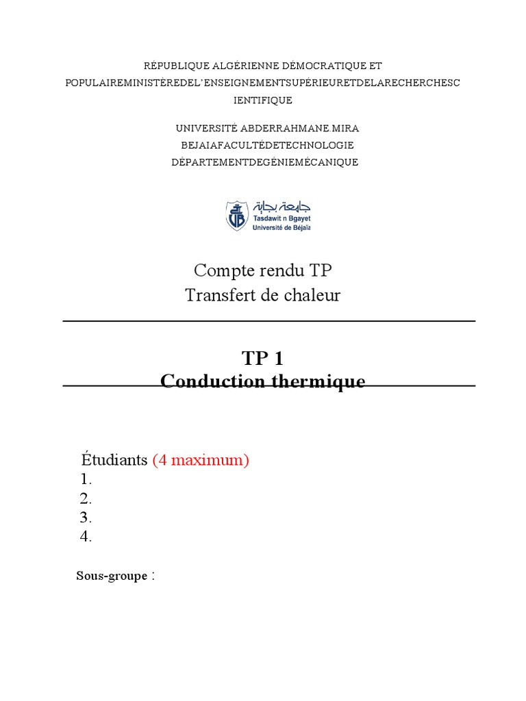 Compte Rendu TP : Conduction Thermique | PDF | Méthodes et références ...