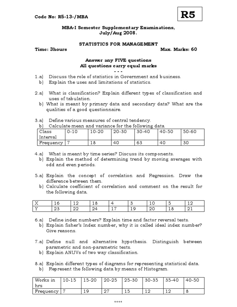 MBA Statistics for Management Exam Guide | PDF