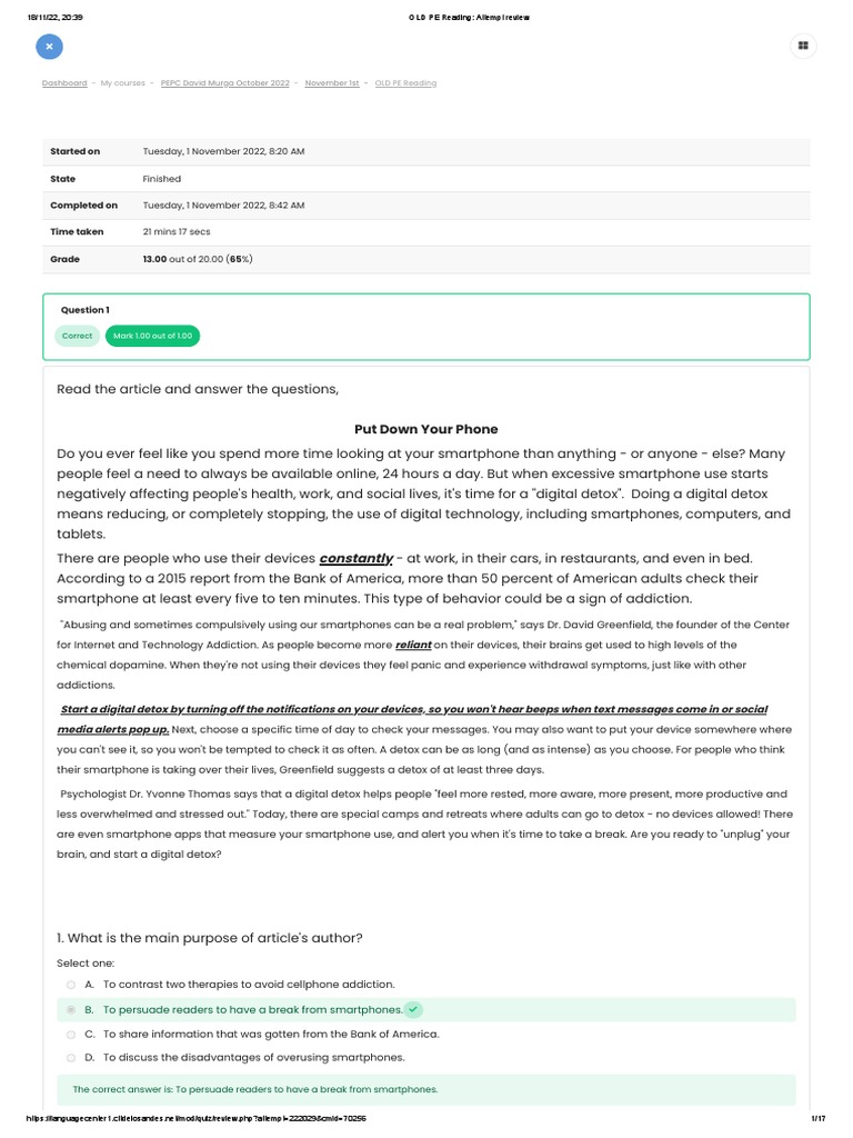 OLD PE Reading - Attempt Review | PDF