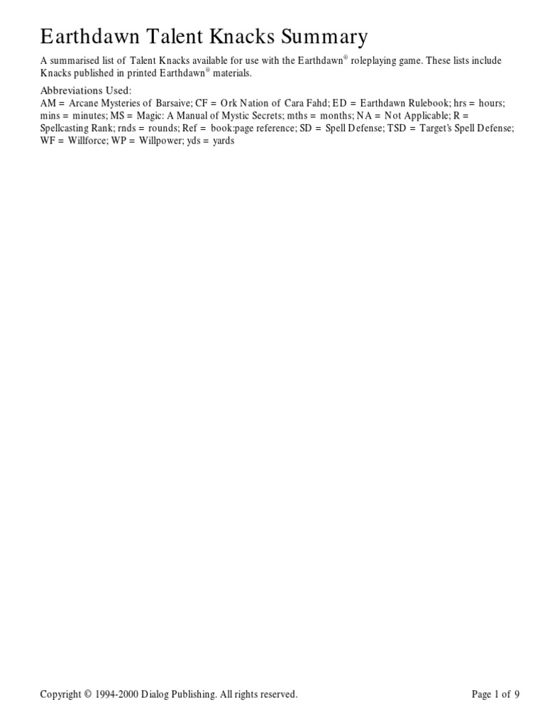 Earthdawn Talent Knacks Table PDF Copyright