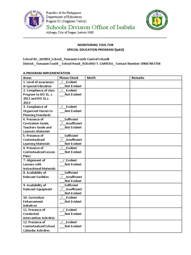 Monitoring Tool For Sped | PDF | Special Education | Autism