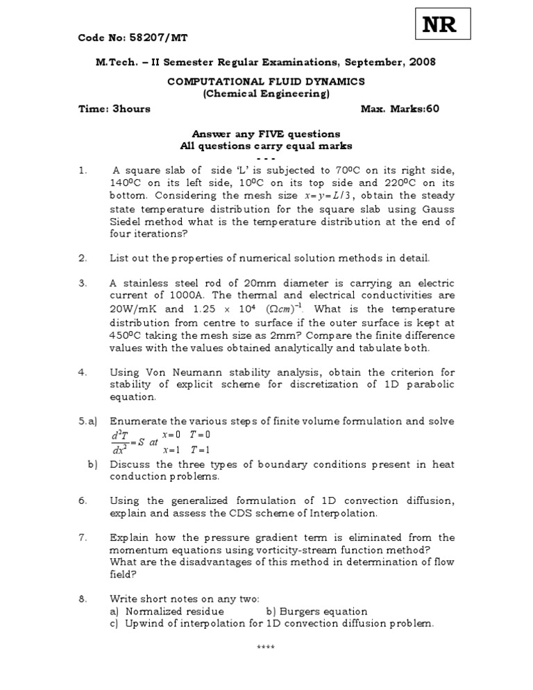 M.Tech CFD Exam Test Questions | PDF