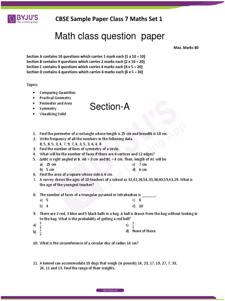 CBSE Sample Paper Class 7 Maths Set 1 Merged | PDF | Triangle | Area