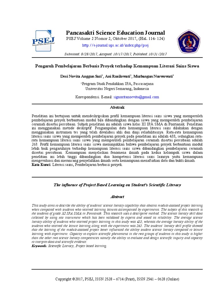 Pancasakti Science Education Journal Pengaruh Pembelajaran Berbasis