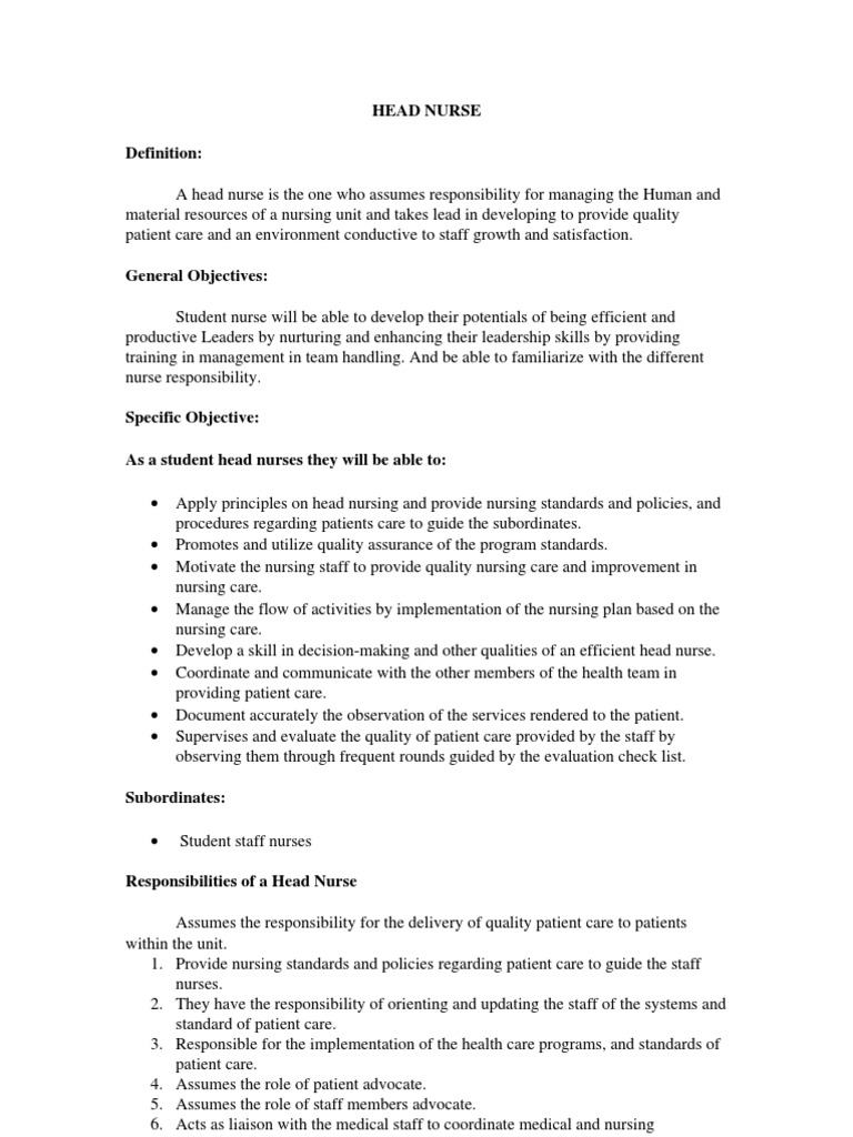 Head Nurse Responsibilities and Objectives | PDF | Nursing | Health Care