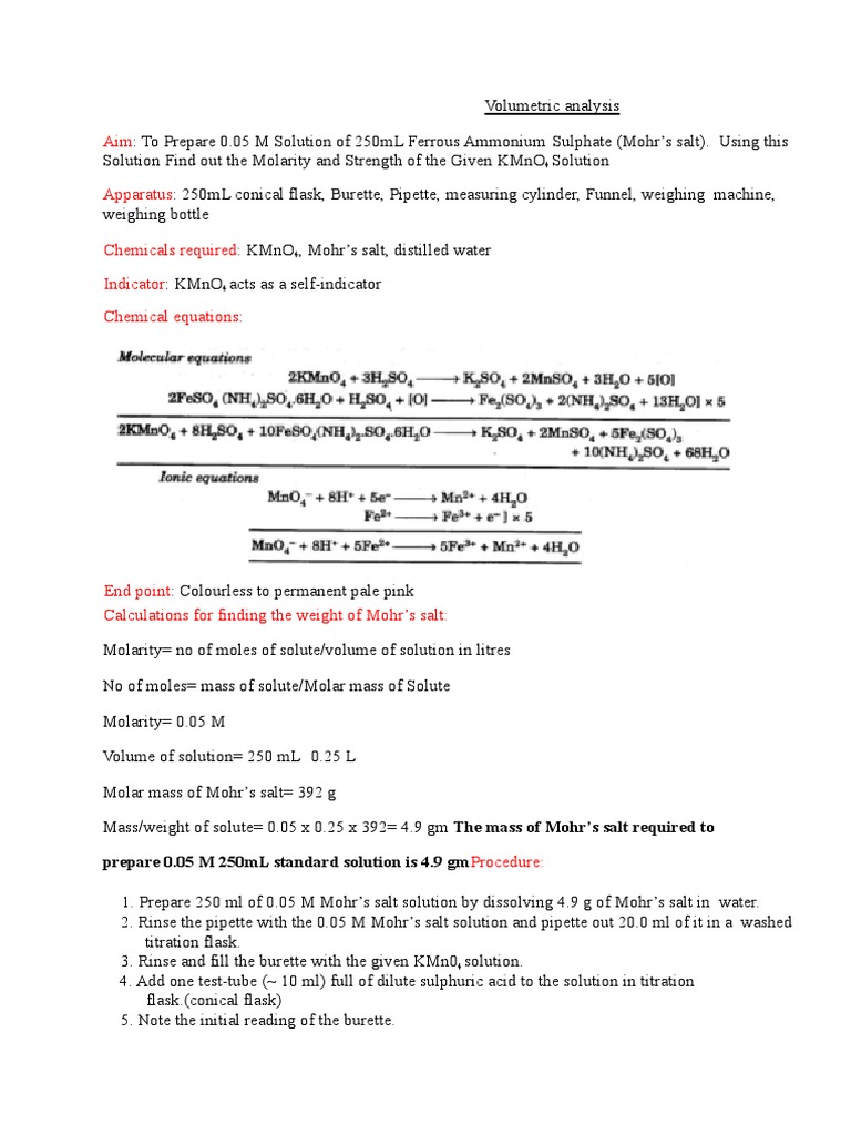 Volumetric analysis of KMnO4 solution PDF Titration Chemistry