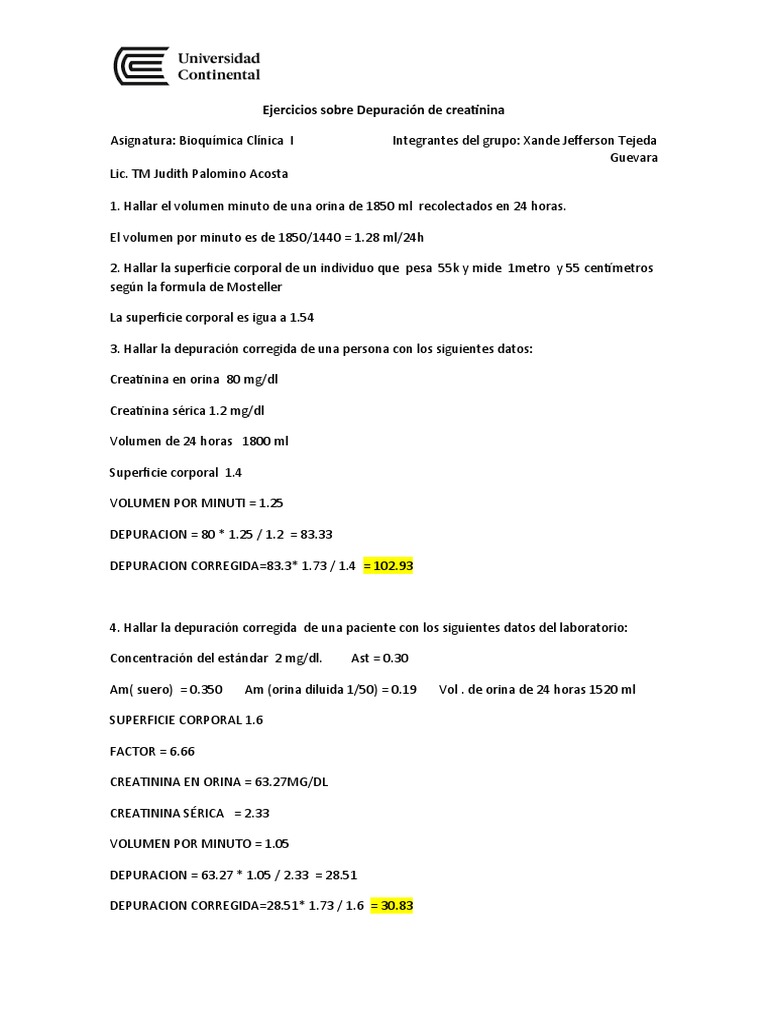 Ejercicios Sobre Depuración de Creatinina PDF