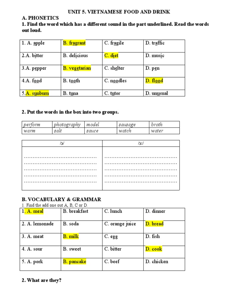 Unit 5 vietnamese food and drink a phonetics 1 find the word which