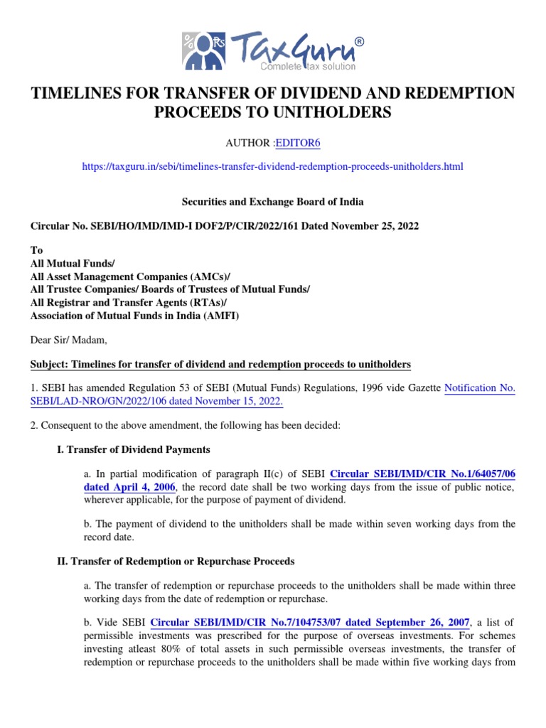 Timelines For Transfer of Dividend and Redemption Proceeds To