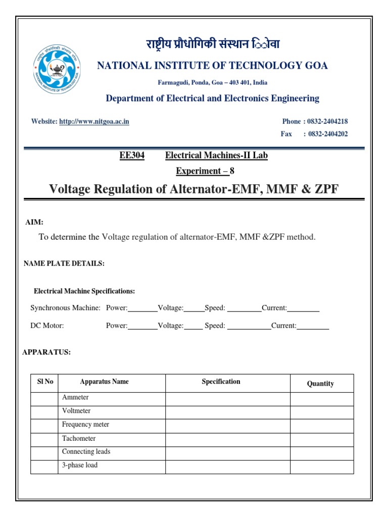 Voltage Regulation of alternatorEMF, MMF ZPFExpt7 PDF