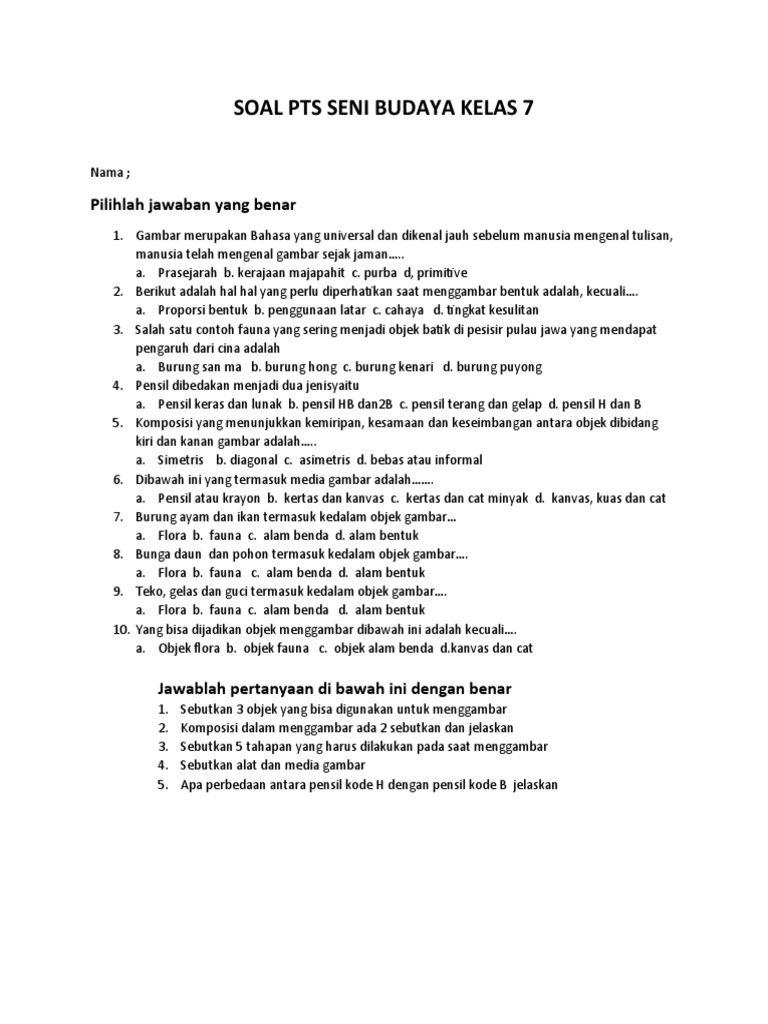 Soal PTS Seni Budaya Kelas 7 PDF