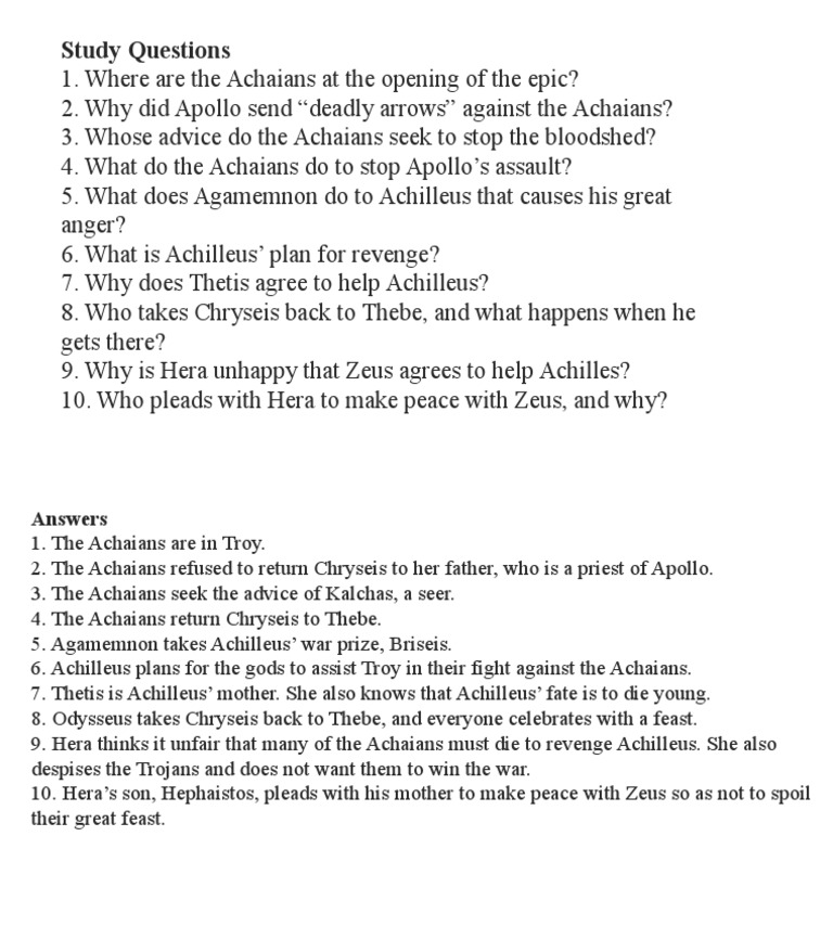 iliad essay questions with answers