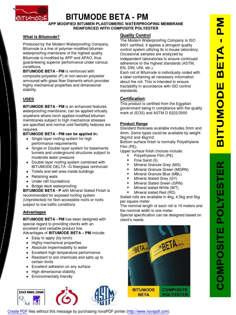 Bitumode Beta PM Waterproofing Membrane | PDF | Slate | Asphalt